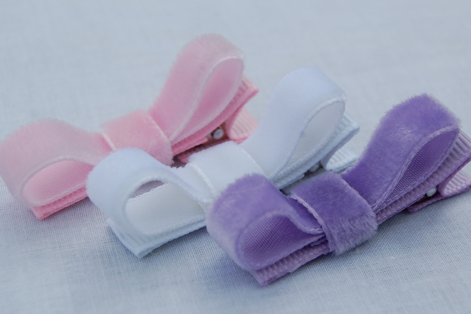 Set of 3 Velvet Bows - Pink, White, and Lavender Hair Clips - Tuxedo Bow - Velvet Ribbon - Matching Set of 2 - Toddler to Big Girl Hair Bow