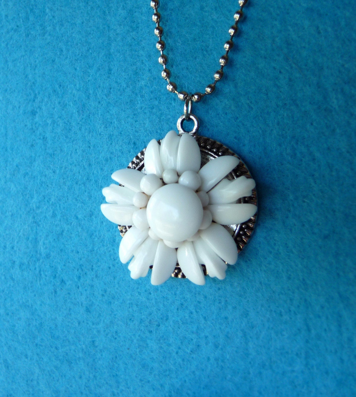 Reclaimed Milk Glass -- White Flower Necklace with Silver Chain