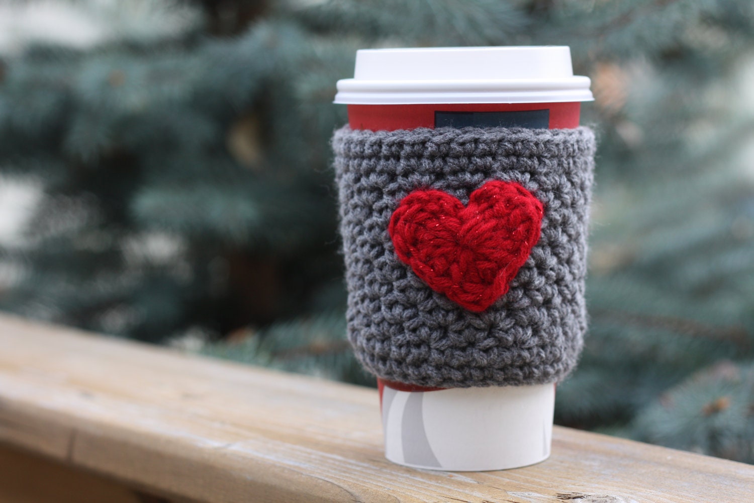 Crochet Coffee Cup Cozy / Sleeve - Grey with Small Red Heart (Ready to Ship)