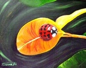 Ladybug Painting  -  Original Lady Bug Canvas Wall Art in Gold Frame, Nature Acrylic Painting