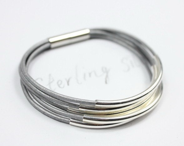 Sterling silver tubes bracelet, metallic silver leather bracelet, silver plated magnetic clasp