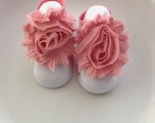 Adorable Pink Color Shabby Chic Chiffon Baby Barefoot Sandals. Newborn Baby Girl Barefoot Sandals, Baby Girl Barefoot Sandals