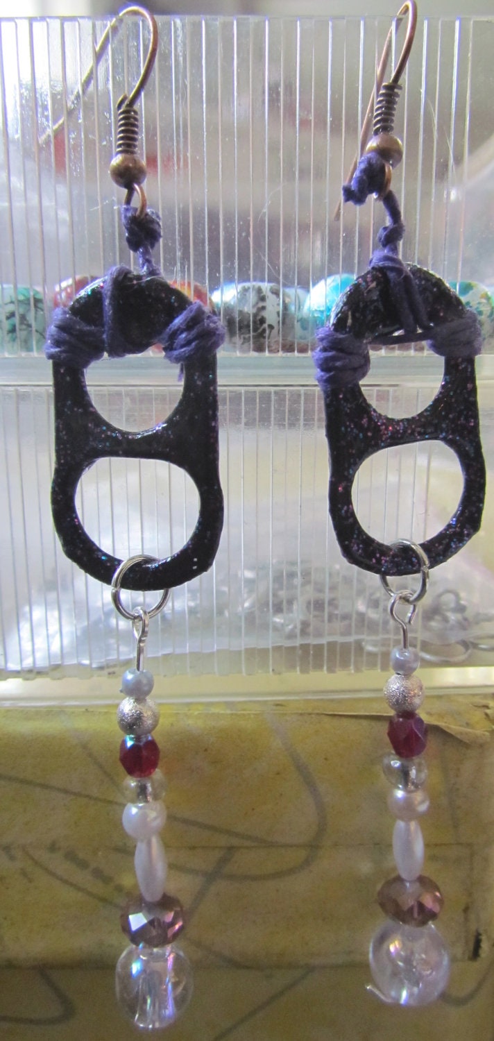Purple Pop Tab Glitter Beaded Earrings with Purple Hemp
