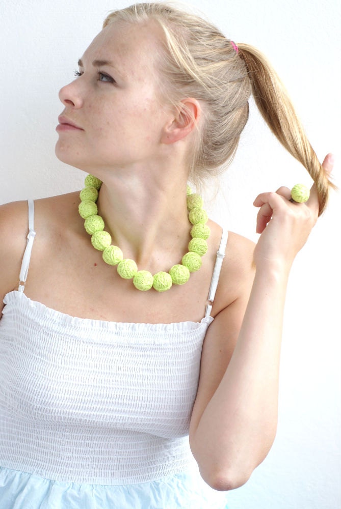 Set Neon balls handmade beaded - necklace and ring thread cotton for women fiber natural geometric
