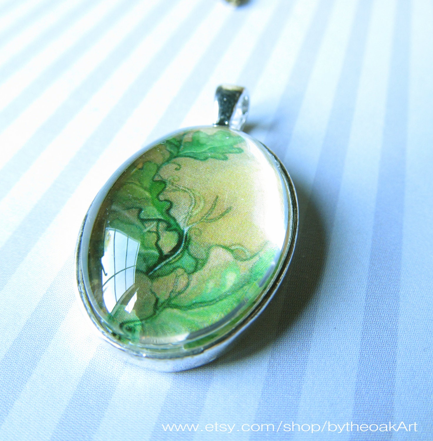 Green Oak Leaf Art Pendant with Silver Chain