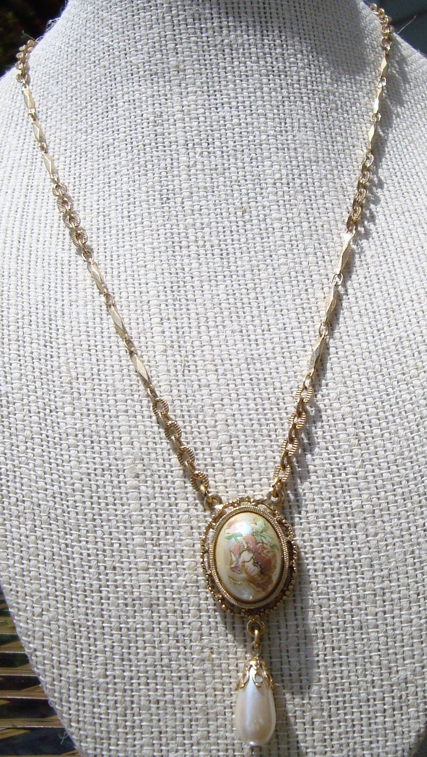 Vintage Jewelry Necklace 1928 Signed Cabochon and drop Pearl Gold Tone Bar Link 18 inch Chain