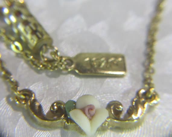 1928 Vintage Jewelry Necklace Porcelain Rose on Gold Tone Necklace