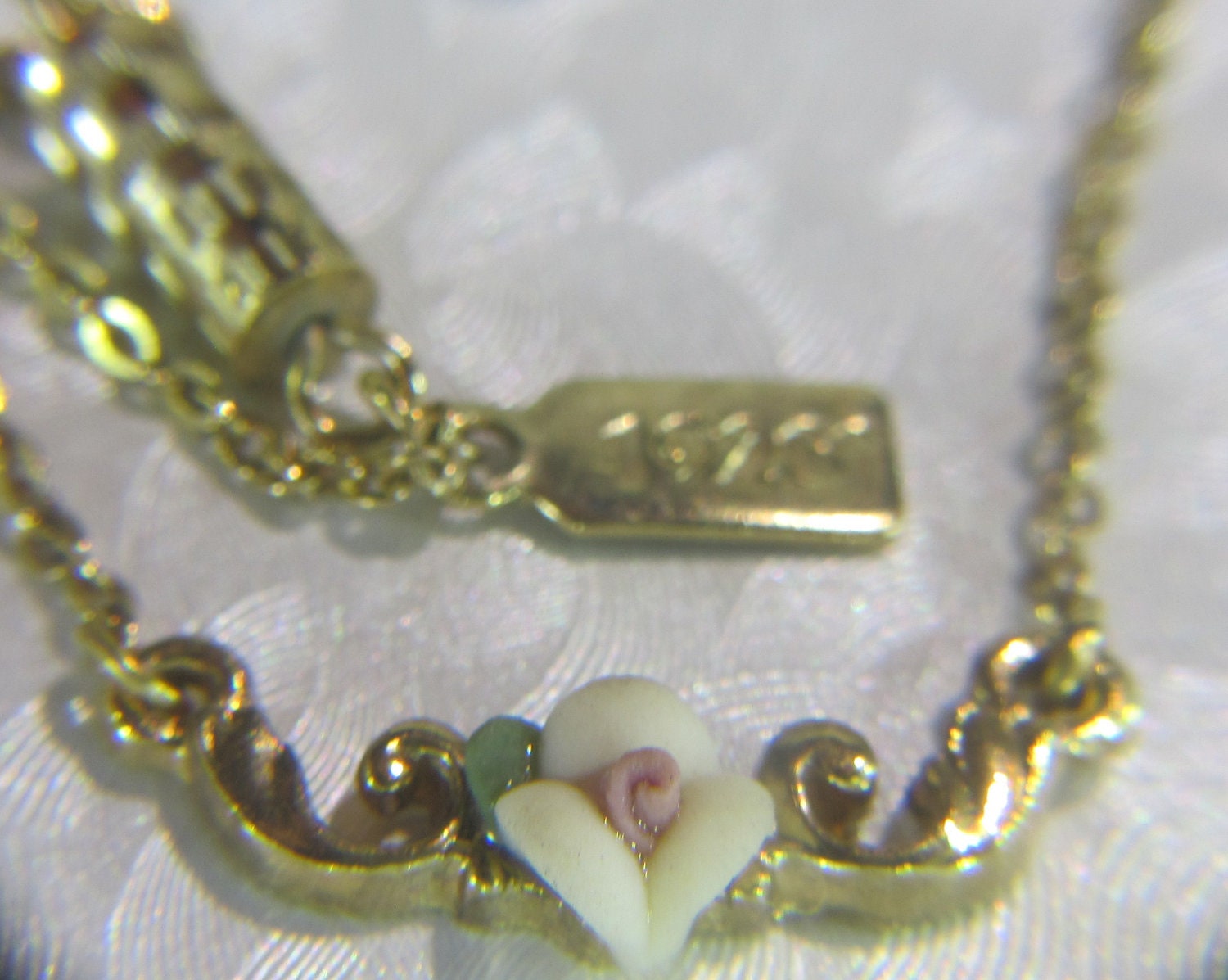1928 Vintage Jewelry Necklace Porcelain Rose on Gold Tone Necklace