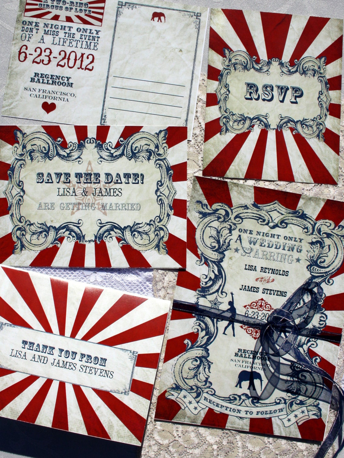 Vintage Carnival Wedding Stationery Set INSTANT DOWNLOAD (Circus Invitation, Save the Date, Thank You Card Printable Suite) Red, Blue