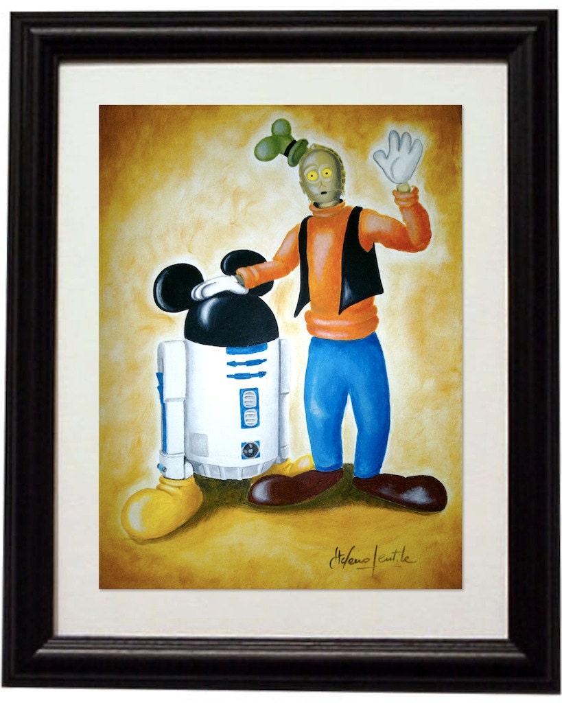 Laser print 8"x11": "Disneywars". R2D2 and C3PO after been bought by Walt Disney, as Mickey Mouse and Goofy.Star wars inspired