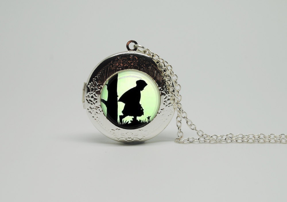 Silver Glass Locket Necklace with Inspired Red Riding Hood