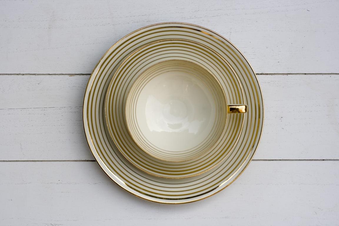 RESERVED for Erin Meez Vintage Circa 1950s Teacup and Saucer Trio Set Gild Stripes on Cream