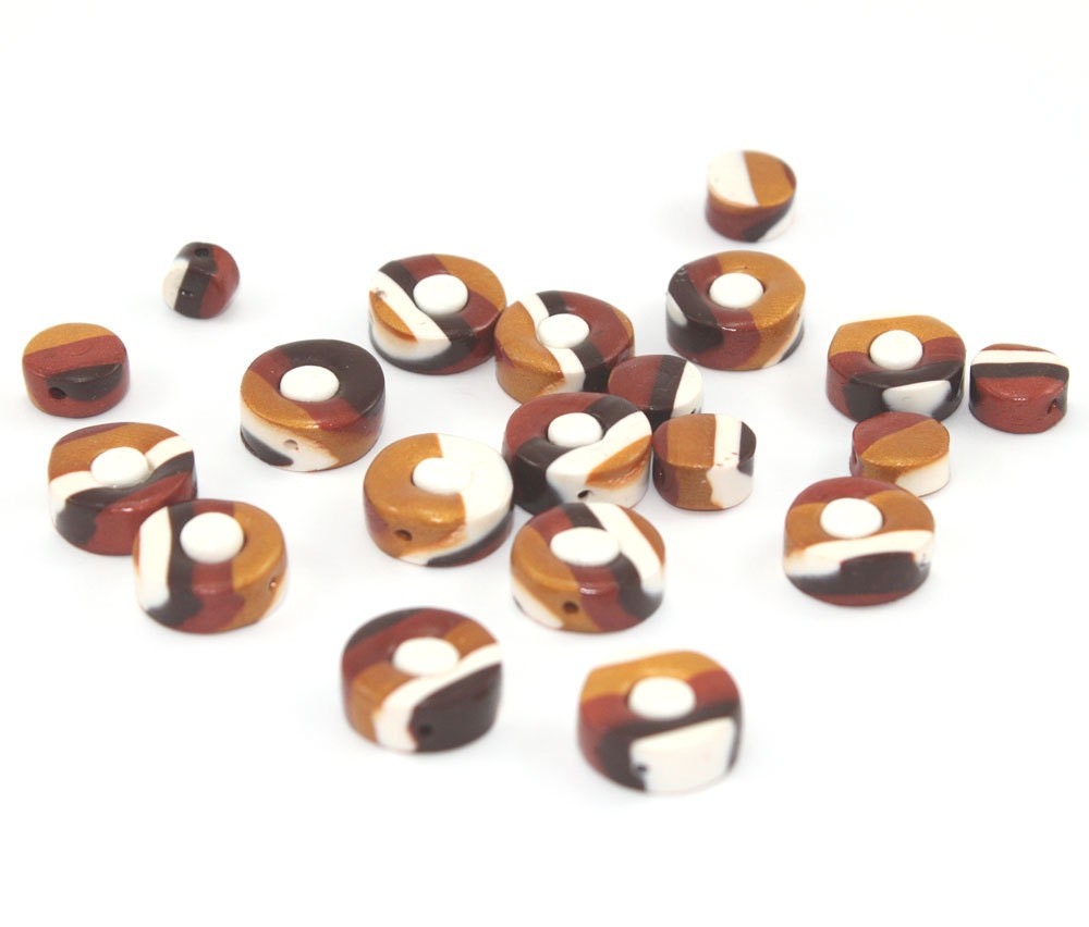 CLEARANCE SALE, polymer clay beads, round flat beads, stripes pattern in brown bronze gold and white, Set of 20 beads