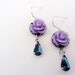 Purple Rose Earrings, Vintage Deep Blue Teardrop, Dangle Earrings, Flower Earrings