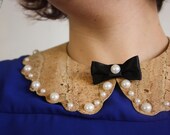 Cork leather collar with pearls, black satin bow and ribbon, gift for her, unique piece