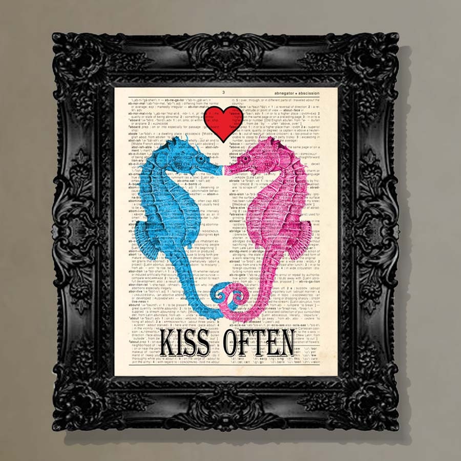 Dictionary Print: -  "Seahorse Love - Kiss Often" - upcycled book page, nautical, whimsical, steampunk, Wedding gift, Valentines Day gift