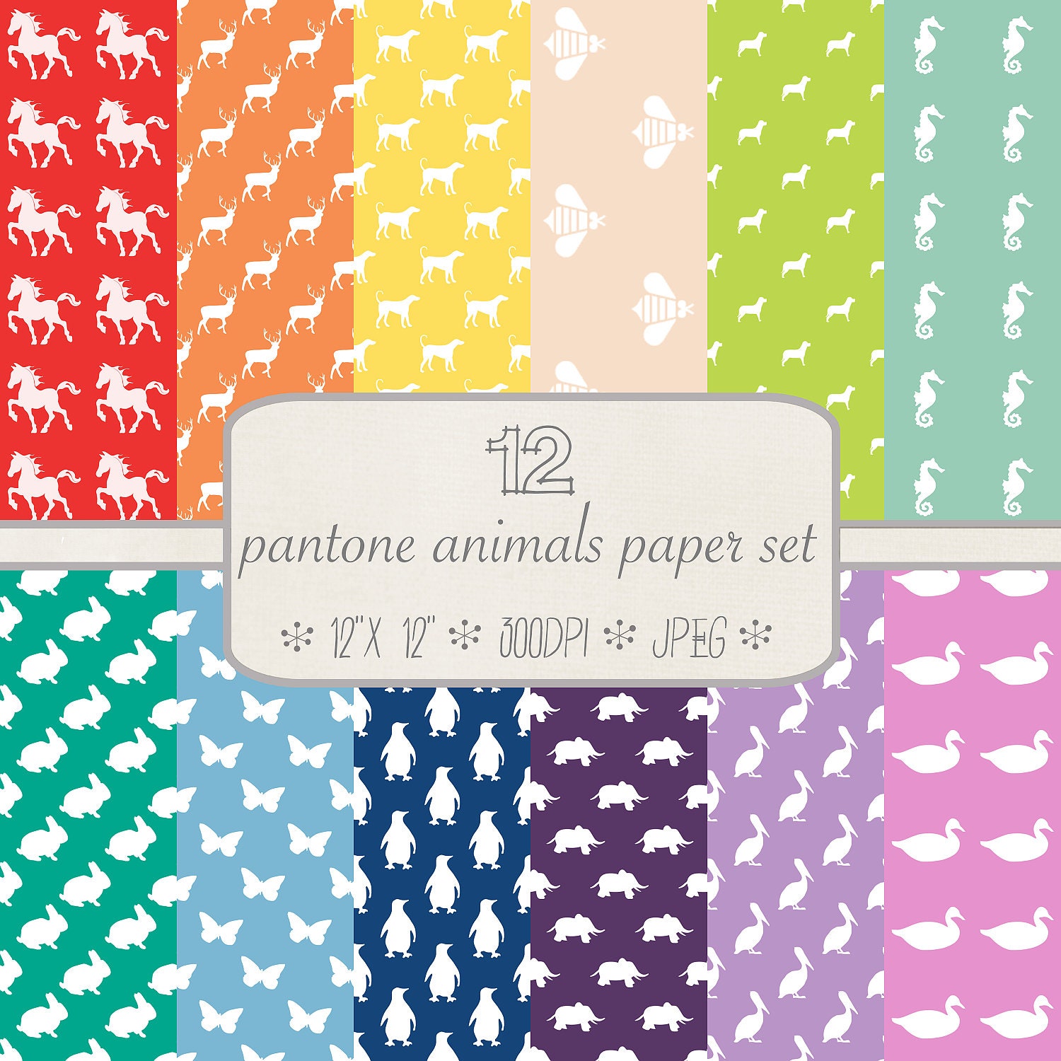 Patterned Digital Paper Pack // Pantone Animals // 12 pieces // jpeg files // 300 DPI // Instant Download Il_170x135