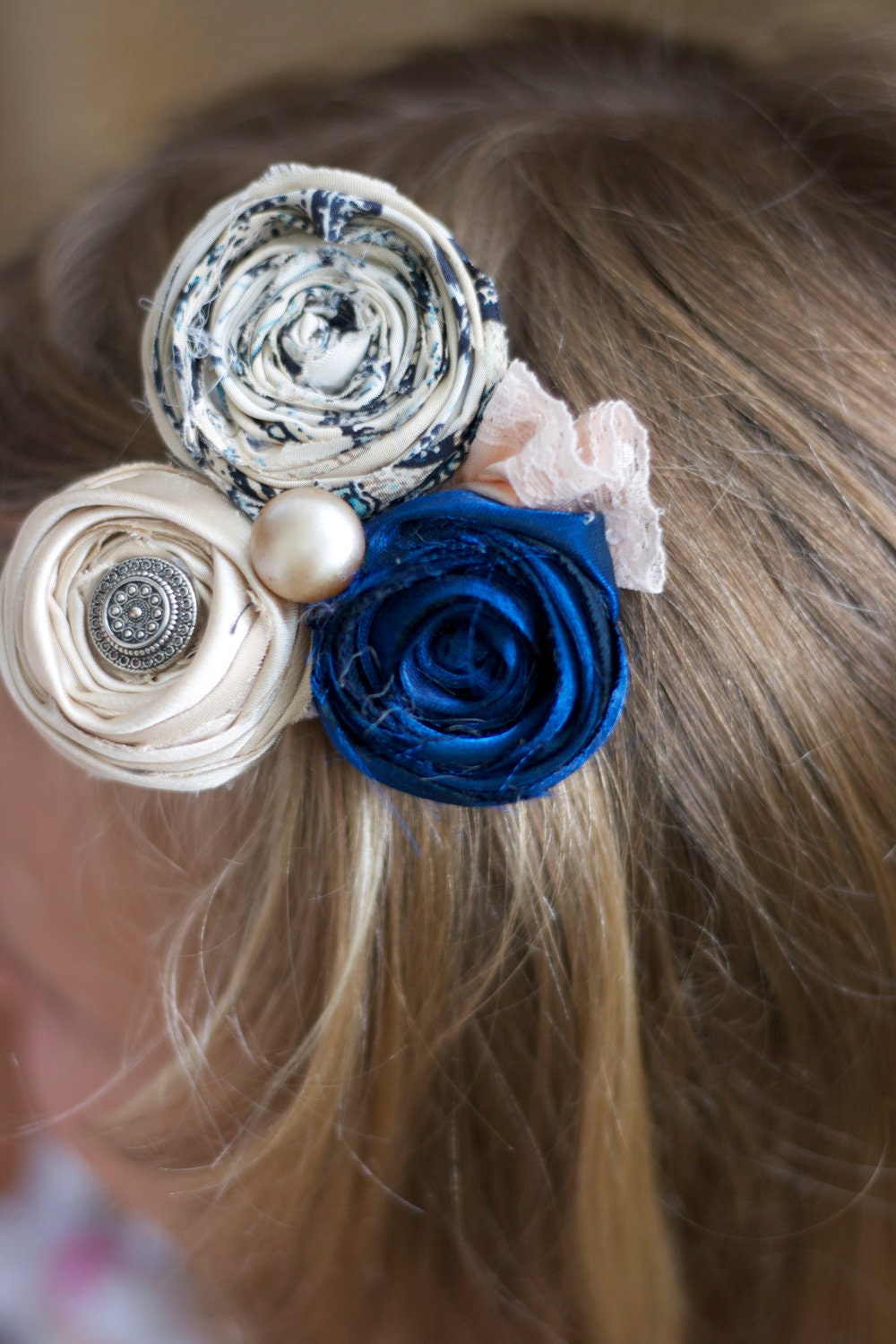 vintage wedding flower hair piece cream ivory royal blue pearls antique buttons cream lace photo prop hair clip fabric flower bridesmaid
