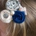 vintage wedding flower hair piece cream ivory royal blue pearls antique buttons cream lace photo prop hair clip fabric flower bridesmaid