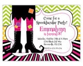 Halloween Invitation - Green Pink Black Chevron, Stripes, Polka Dots Witch Personalized Birthday Party Invite - Digital Printable File