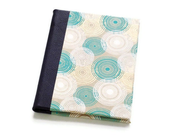 Quarter Leather Jotter - First Anniversary Paper Gift - Handbound Journal - Metallic Circles in Gold & Teal with Purple Leather