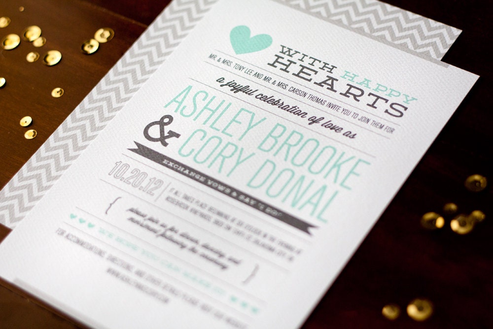 Wedding Invitation SET -- Chevron "Modern Love Story" -- 50 Invites, RSVP Postcards and Bellybands