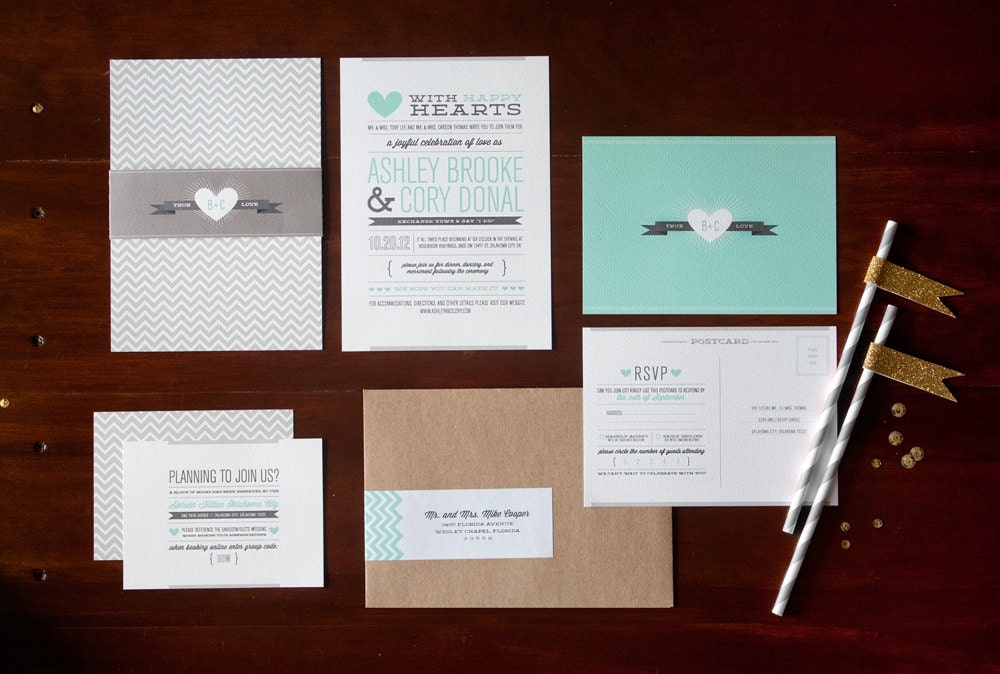 Wedding Invitation SET -- Chevron "Modern Love Story" -- 50 Invites, RSVP Postcards and Bellybands