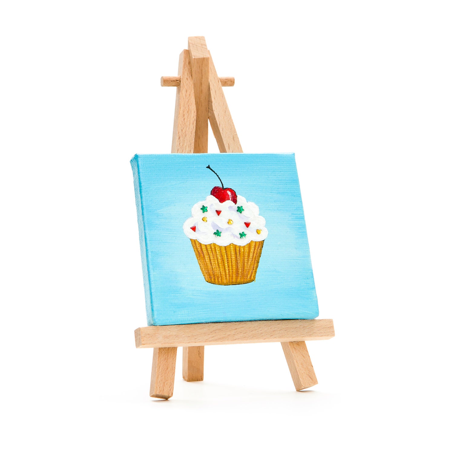 Miniature Cupcake Painting in Blue with Easel
