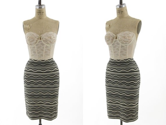 SALE / Free Shipping - Wavy Stripe Pencil Skirt - Striped, Bodycon, Black, Cream, Gray, 90s