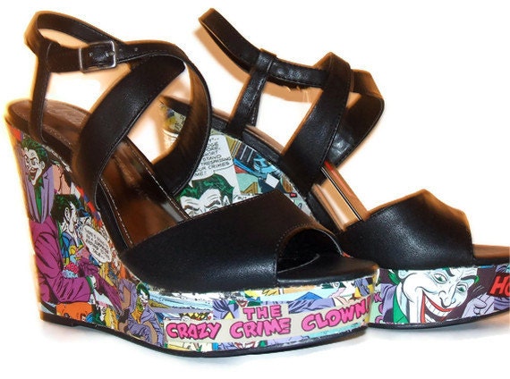 The Joker Black Strappy  - DC Comic Book Wedges, Heels - Vintage Comic Book Shoes - Geekery