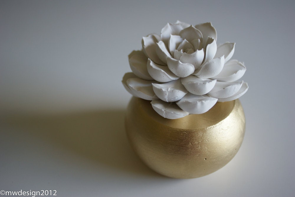White Succulent Sculpture in Modern Round Container, Spring Tabletop Wedding Centerpiece, Desktop Accessory