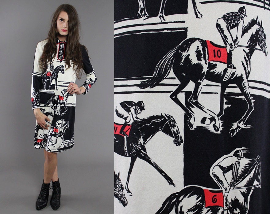 Vtg 60s Paganne Signed Novelty Racing Horses Dress S-M