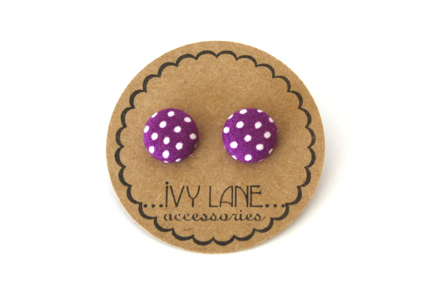 Plum Polka Fabric Covered Button Earrings