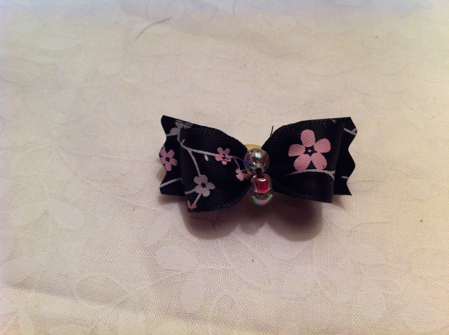 Black w/ Pink & White Flowers 5/8 Show Dog Bow