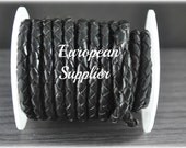 Supplies - 1 meter - 5mm Braided leather cord  - Thick - Black - Findings - Genuine - Superior Quality - European