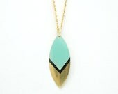 Minimalist Geometric Leaf Spike Necklace - Mint Green and Black Hand Dyed Modern Brass Jewelry - Gold Plated Chain