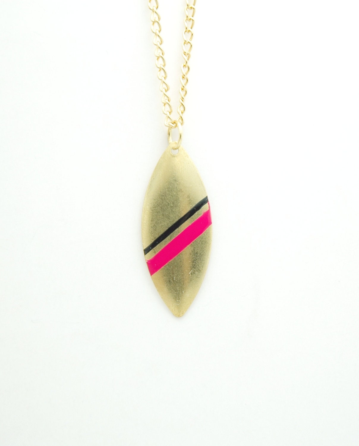 Minimalist Geometric Leaf Spike Necklace - Fuchsia Pink and Black Stripe Hand Dyed Modern Brass Jewelry - Gold Plated Chain