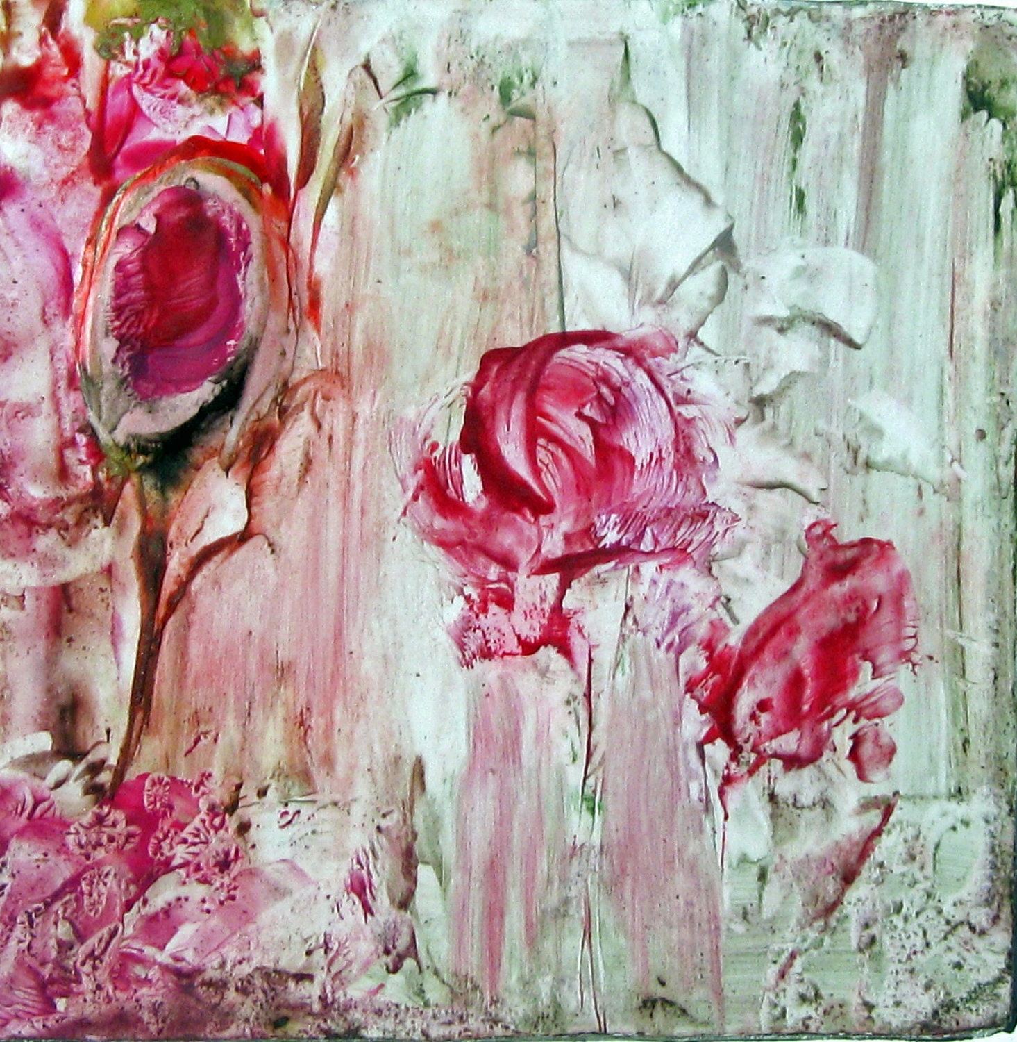 Original Encaustic Abstract Floral painting "Pink Roses" StudioSabine 12"x12"