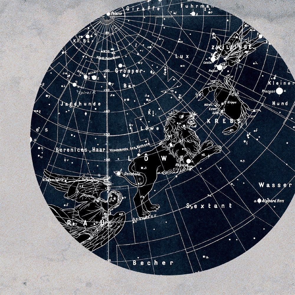 Cancer and Leo Constellation Stars Map Zodiac Print Vintage Image