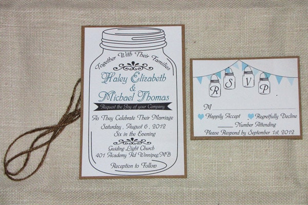 Handmade Mason Jar and Bunting Wedding Invitation Suite
