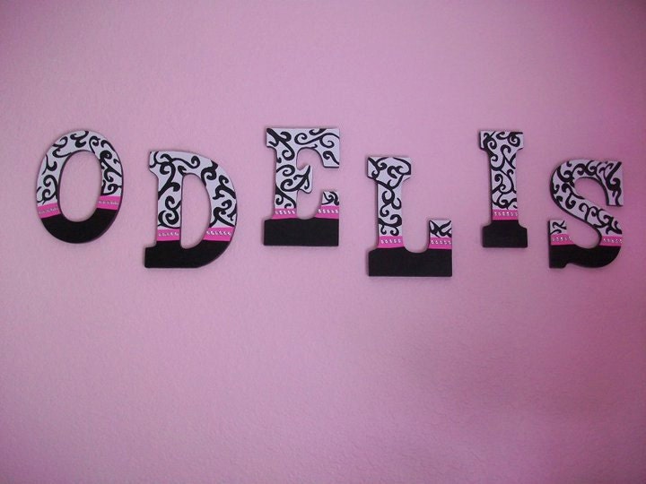 Diva Black, White and Hot Pink Wooden Custom Nursery Wall Letters with swirl print and bling Il_170x135