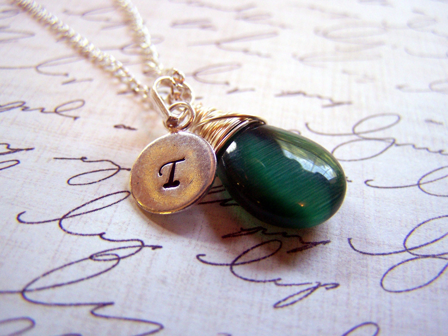 Green Emerald Teardrop Glass Custom Initial Stamped Silver Wire Wrapped Personalized Necklace / Gift for Her