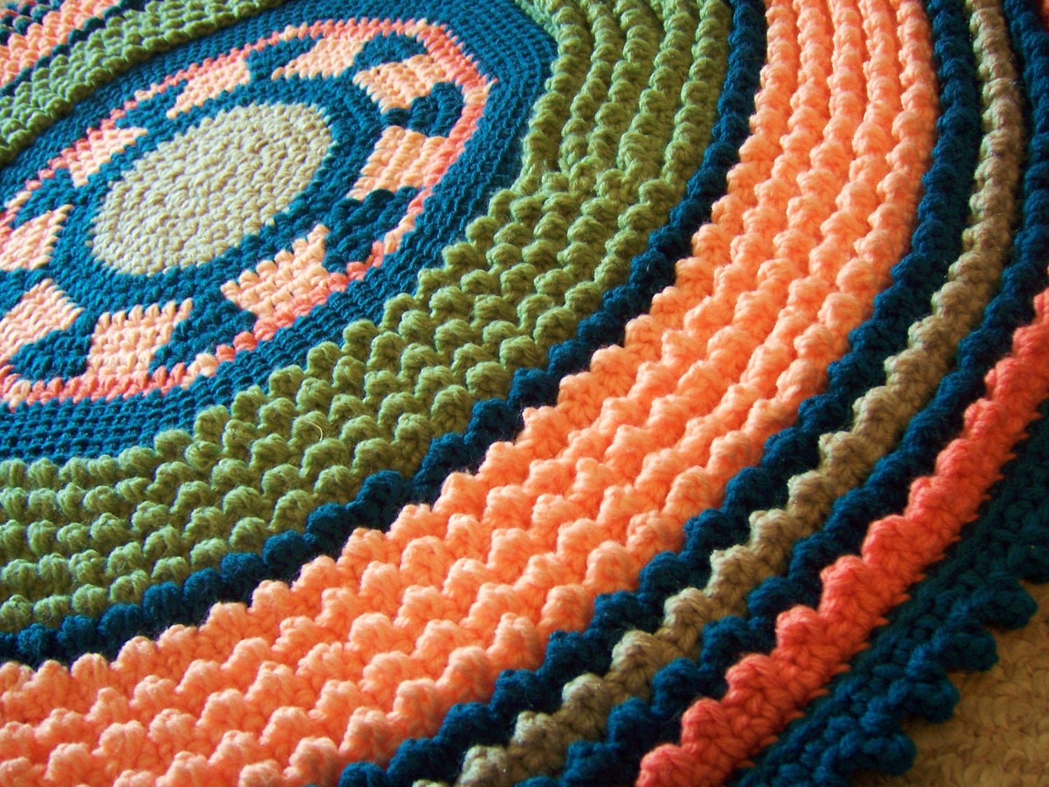 Crochet Rug Round Center Medallion Peach Green and Teal Ready to Ship Today