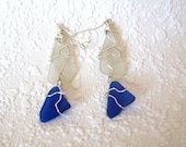 Cobalt Blue & White Sea Glass Jewelry - Wire Wrapped, Natural and Recycled Jewelry, Costume Jewelry, Earrings