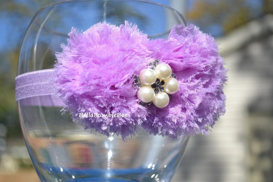 Purple Lavender Baby Girl Headband, Purple Shabby Puff Chic Flower, Fits Newborn, Infant or Toddler, Vintage Style Rhinestone, Photo Prop