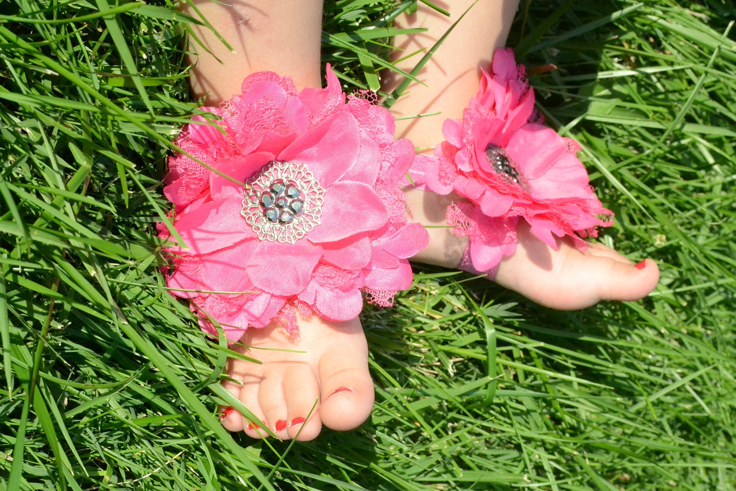 Hot Pink Baby Barefoot Large Shabby Flower Sandals for Newborn Baby or Toddler Girls, Baby Booties,  Baby Sandles
