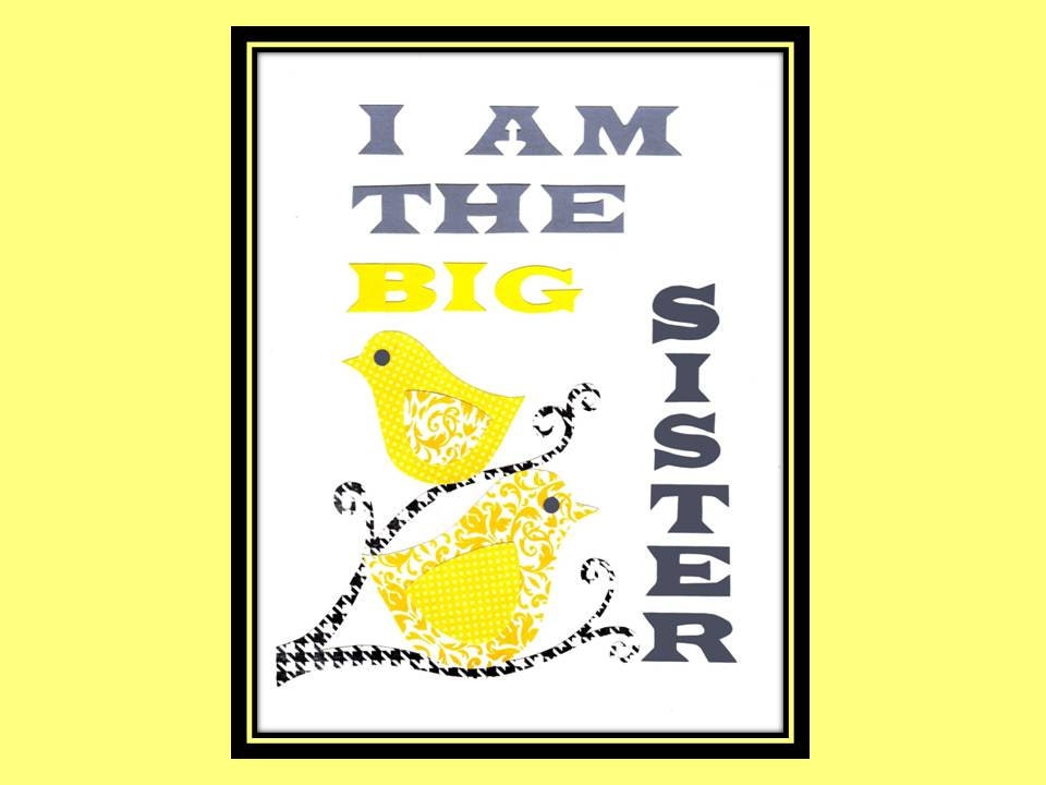 Yellow and Gray Damask Birds Print, Girls Nursery Art, Big Sister Wall Art  8 x 10 collage print