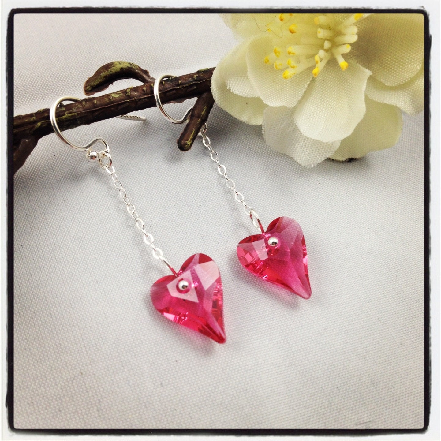 Indian Pink Swarovski Crystal Wild Heart Earrings, Sterling Silver Chain, Dangle, Bridal/Wedding Jewellery
