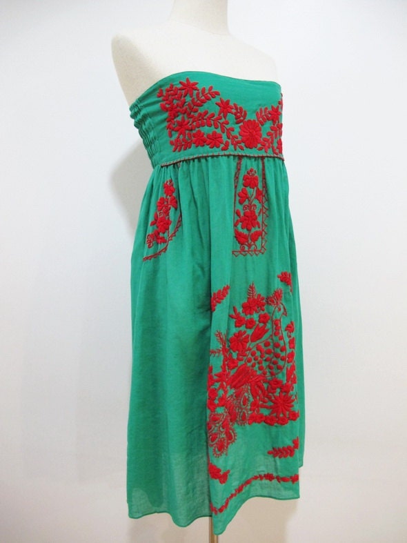 Embroidered Mexican Sundress Cotton Strapless in Green with Lining