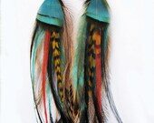 Emu Feather Earrings with Tangerine Crystal Cones and Partidge Accents